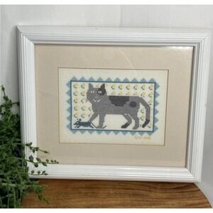 Vintage Framed Cat Cross Stitch Embroidery Art 1990 Whimsical Folk Style 12x10"